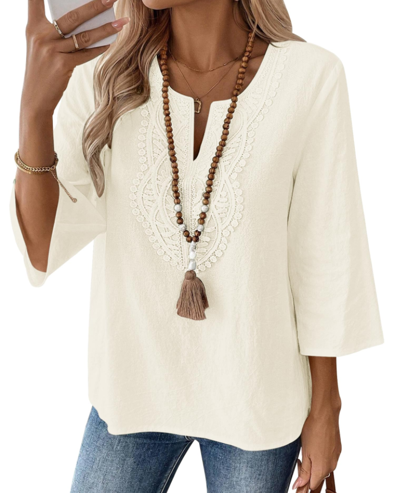 Blusa Bianca para mujer – Blusa de mezcla de lino con escote en V, encaje y mangas 3/4