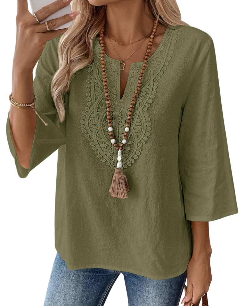 Blusa Bianca para mujer – Blusa de mezcla de lino con escote en V, encaje y mangas 3/4