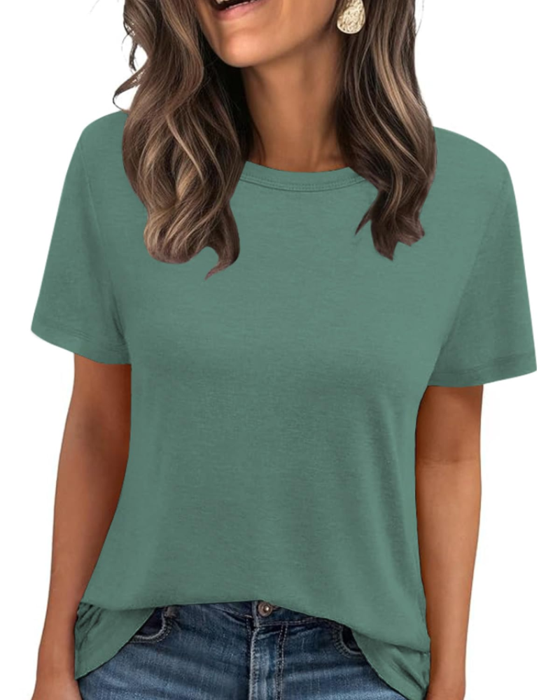 Camiseta Caroline para mujer – Top básico con cuello redondo, mangas cortas y tejido elástico