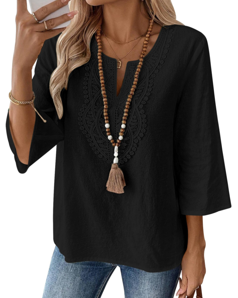 Blusa Bianca para mujer – Blusa de mezcla de lino con escote en V, encaje y mangas 3/4