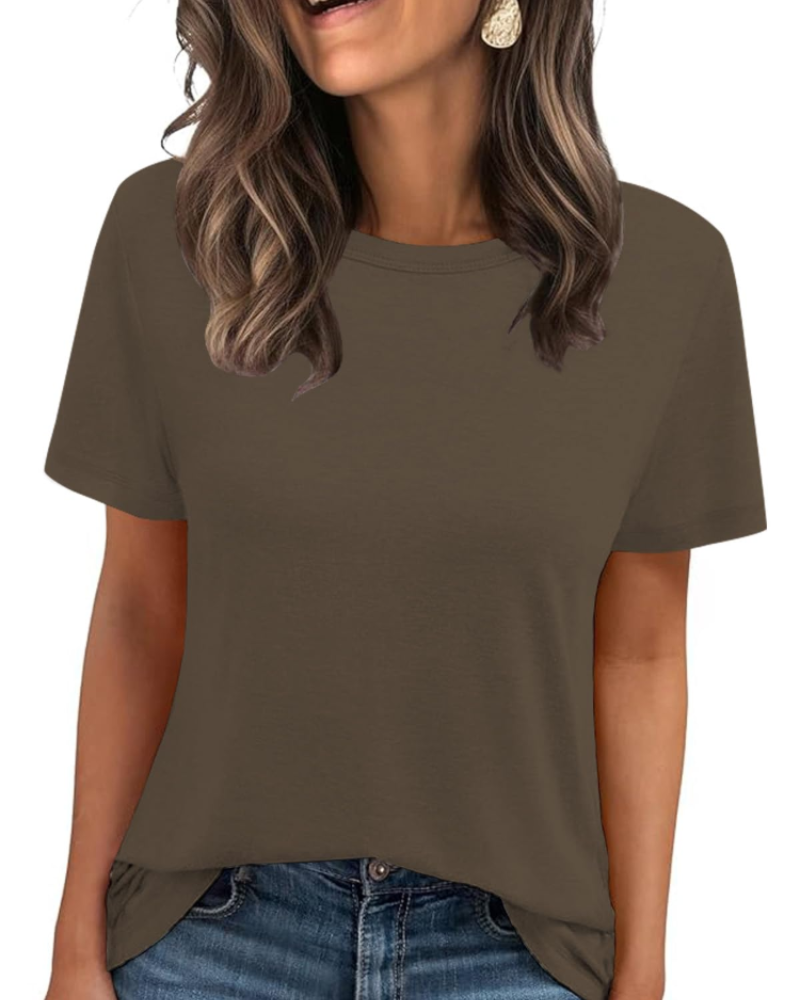 Camiseta Caroline para mujer – Top básico con cuello redondo, mangas cortas y tejido elástico