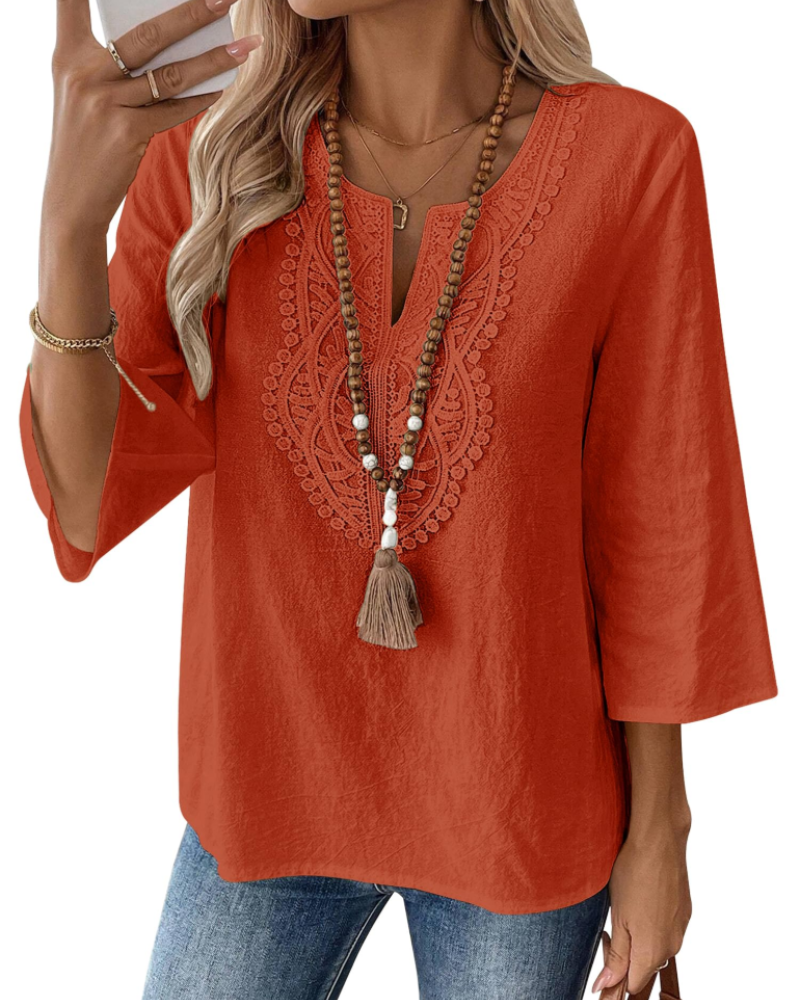 Blusa Bianca para mujer – Blusa de mezcla de lino con escote en V, encaje y mangas 3/4