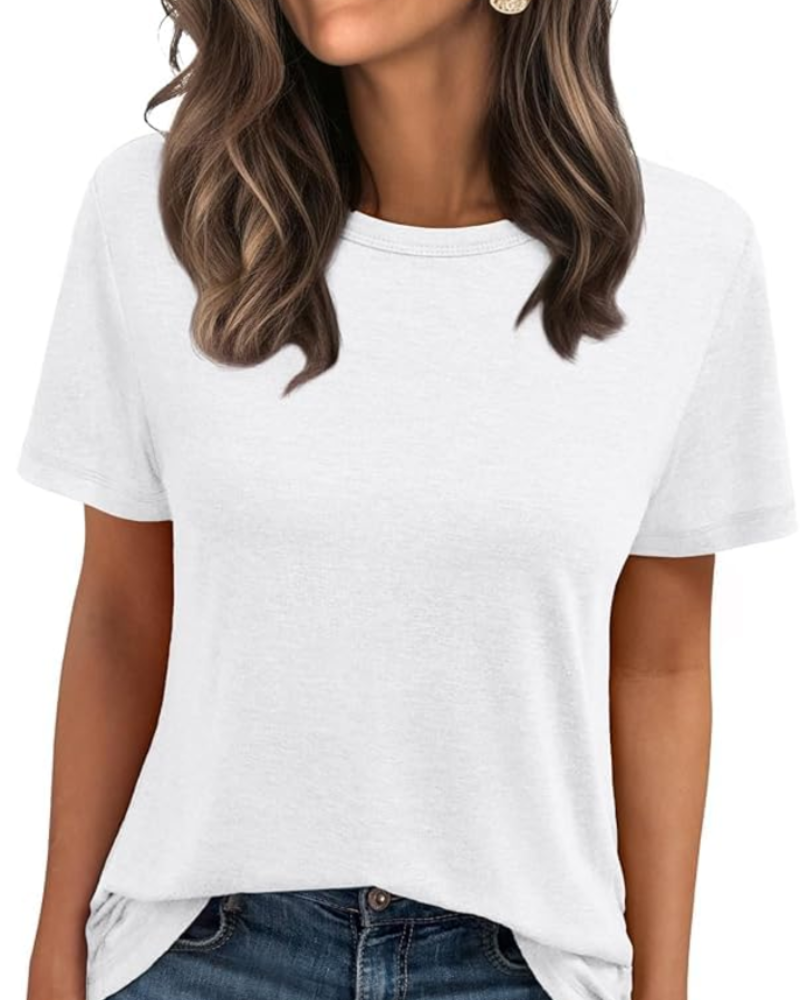Camiseta Caroline para mujer – Top básico con cuello redondo, mangas cortas y tejido elástico