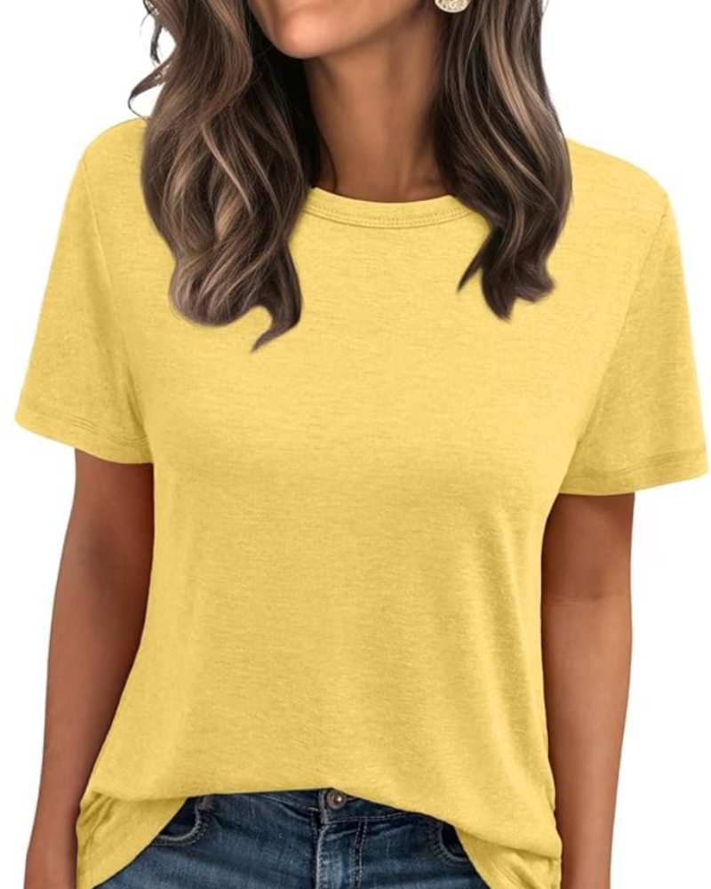 Camiseta Caroline para mujer – Top básico con cuello redondo, mangas cortas y tejido elástico