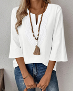 Bianca Blusa Donna – Blusa in Misto Lino con Scollo a V, Pizzo & Maniche 3/4
