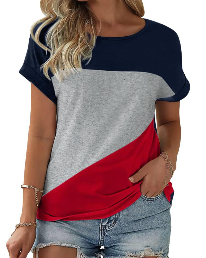 Camiseta Daphne para mujer – Top oversize con bloque de color, cuello redondo y mangas cortas