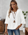 Bianca Blusa Donna – Blusa in Misto Lino con Scollo a V, Pizzo & Maniche 3/4