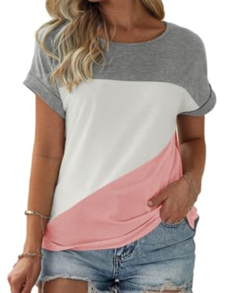 Camiseta Daphne para mujer – Top oversize con bloque de color, cuello redondo y mangas cortas