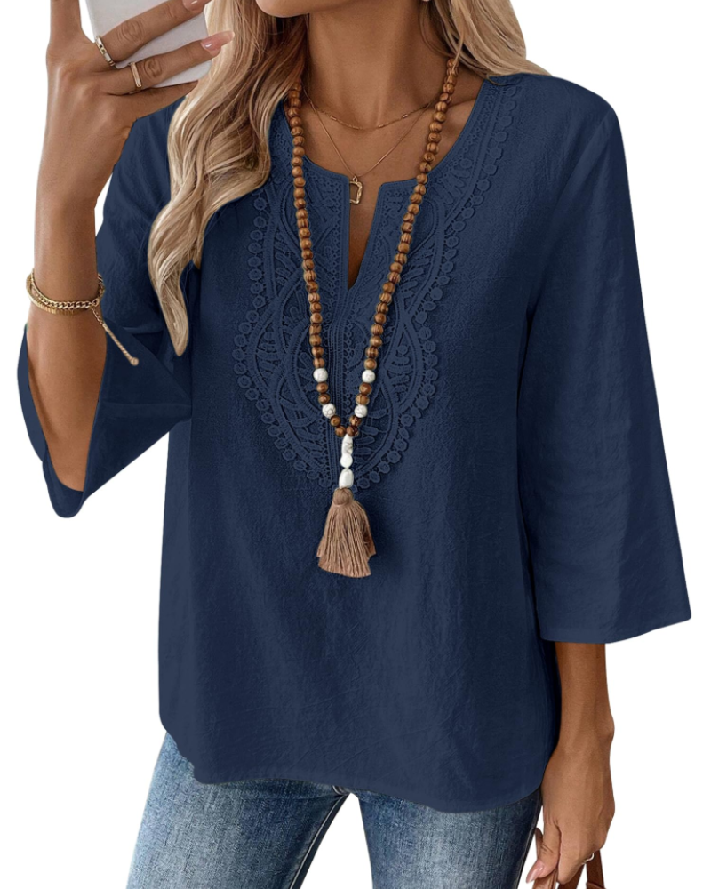 Blusa Bianca para mujer – Blusa de mezcla de lino con escote en V, encaje y mangas 3/4