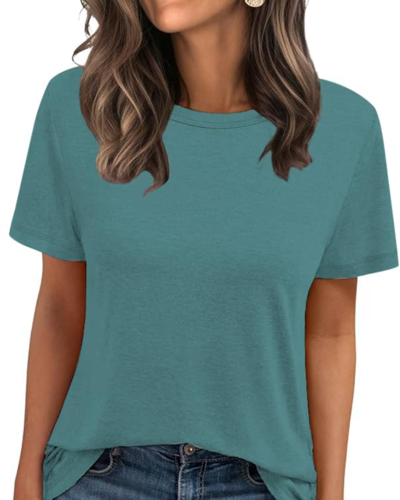 Camiseta Caroline para mujer – Top básico con cuello redondo, mangas cortas y tejido elástico