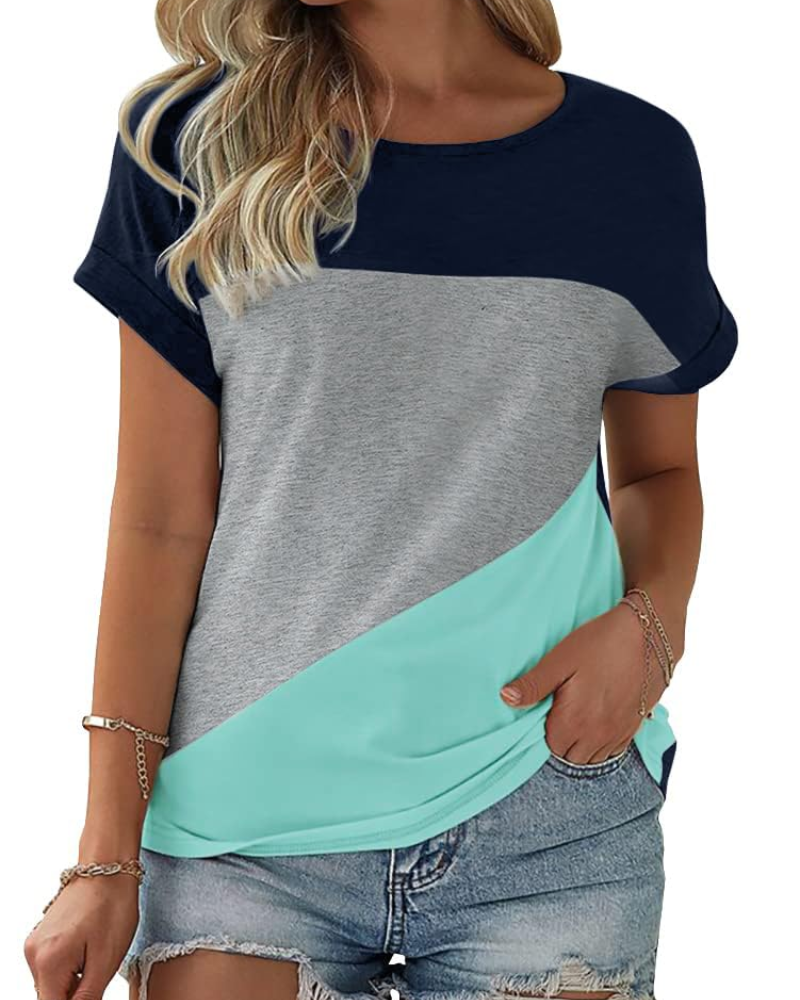 Camiseta Daphne para mujer – Top oversize con bloque de color, cuello redondo y mangas cortas