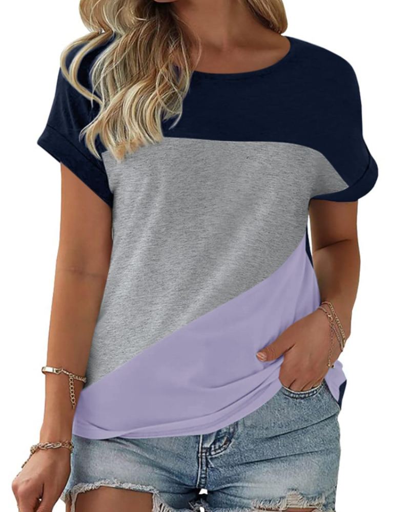 Camiseta Daphne para mujer – Top oversize con bloque de color, cuello redondo y mangas cortas
