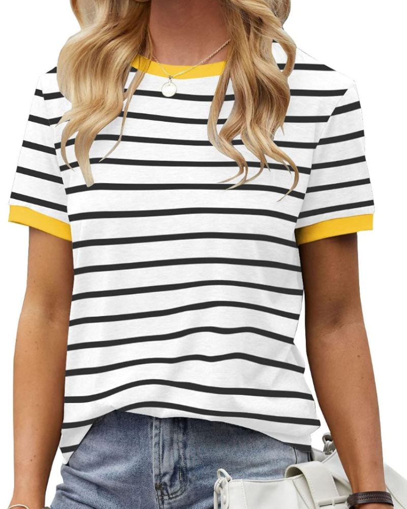 Camiseta Cassandra para mujer – Top de rayas con cuello redondo, bloque de color y mangas cortas
