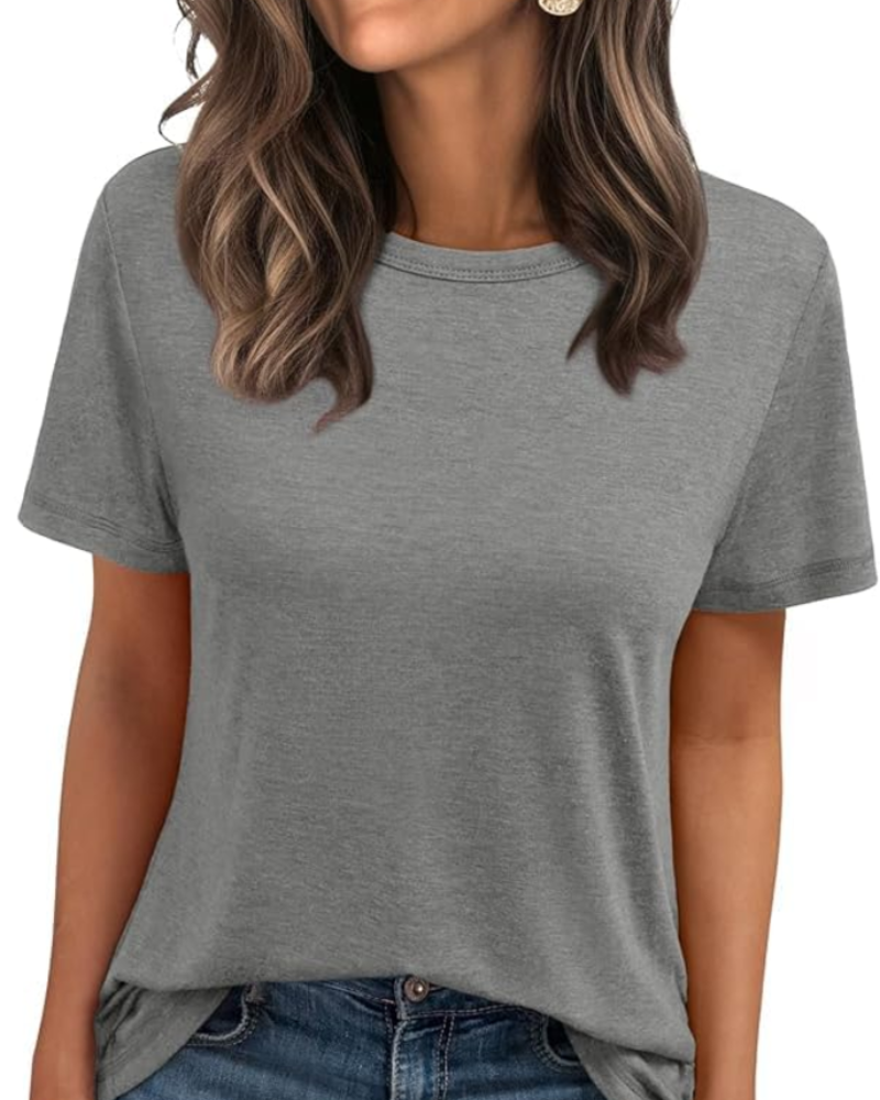 Camiseta Caroline para mujer – Top básico con cuello redondo, mangas cortas y tejido elástico