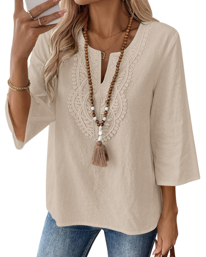 Blusa Bianca para mujer – Blusa de mezcla de lino con escote en V, encaje y mangas 3/4