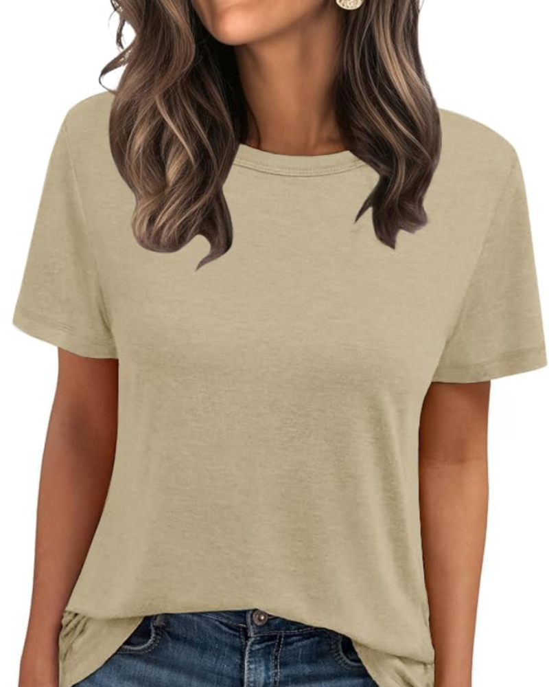 Camiseta Caroline para mujer – Top básico con cuello redondo, mangas cortas y tejido elástico