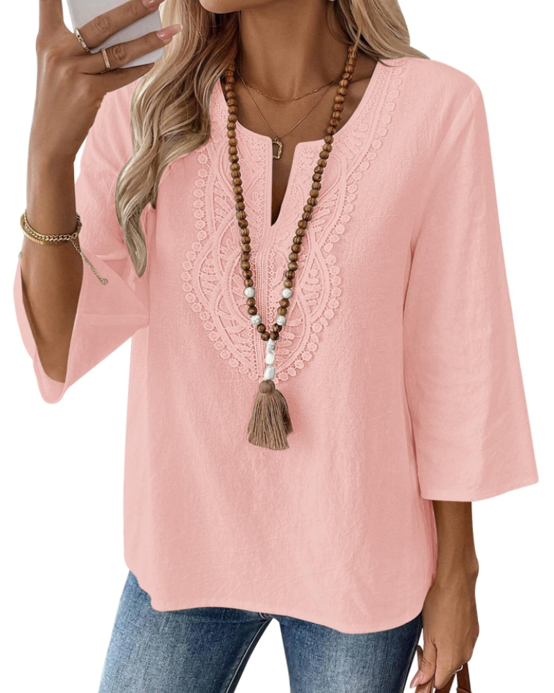 Blusa Bianca para mujer – Blusa de mezcla de lino con escote en V, encaje y mangas 3/4
