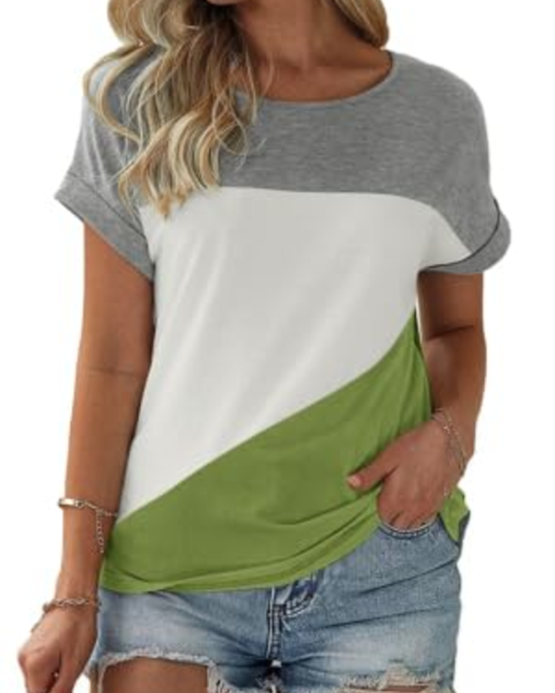 Camiseta Daphne para mujer – Top oversize con bloque de color, cuello redondo y mangas cortas