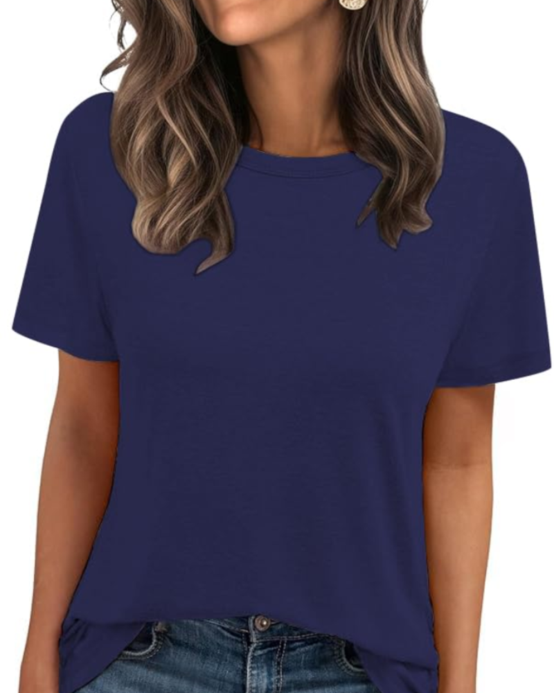 Camiseta Caroline para mujer – Top básico con cuello redondo, mangas cortas y tejido elástico