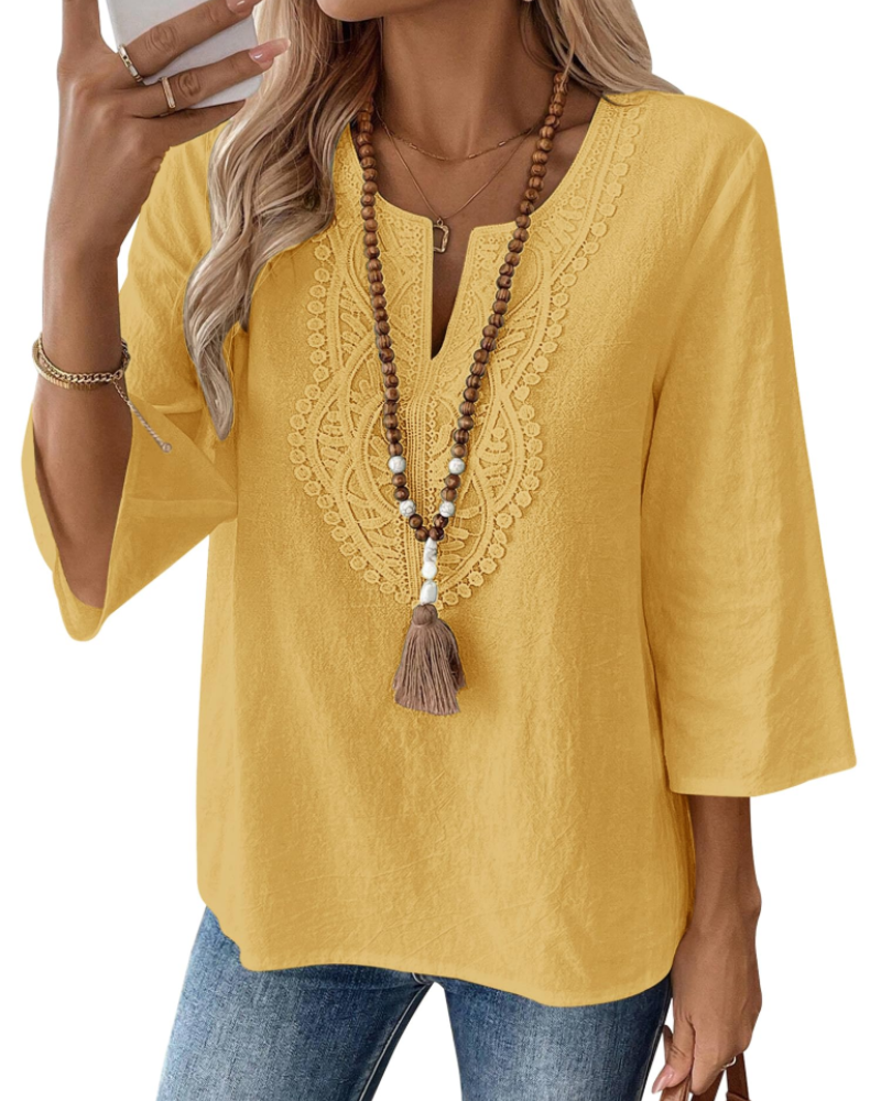 Blusa Bianca para mujer – Blusa de mezcla de lino con escote en V, encaje y mangas 3/4