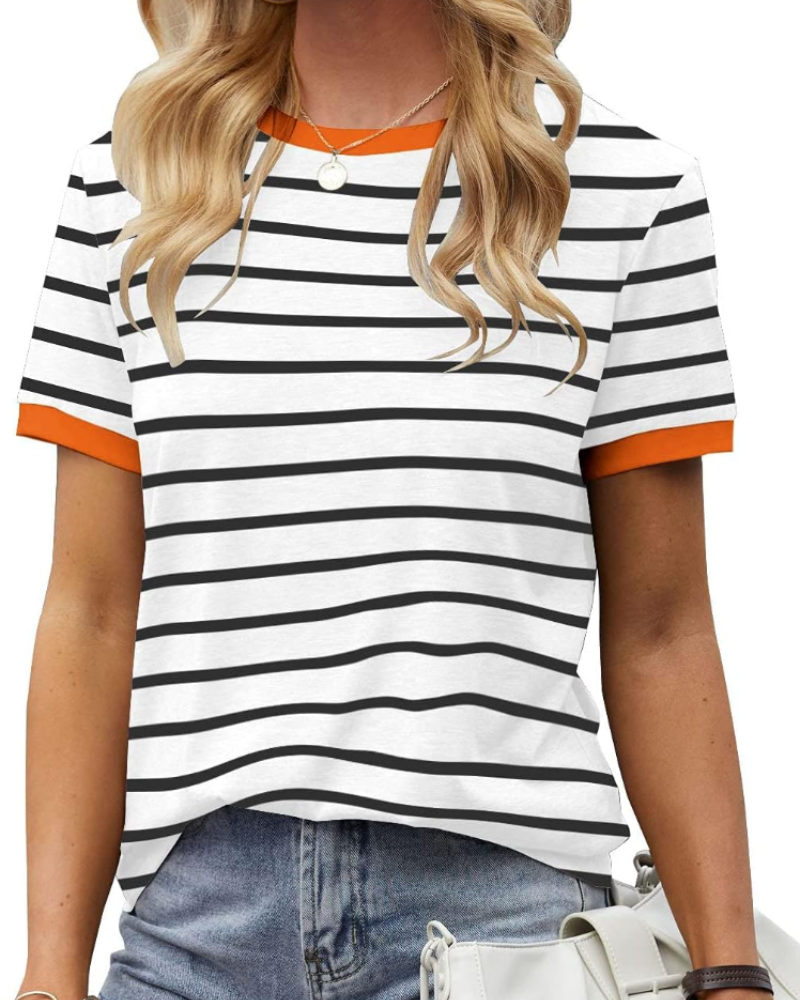Camiseta Cassandra para mujer – Top de rayas con cuello redondo, bloque de color y mangas cortas