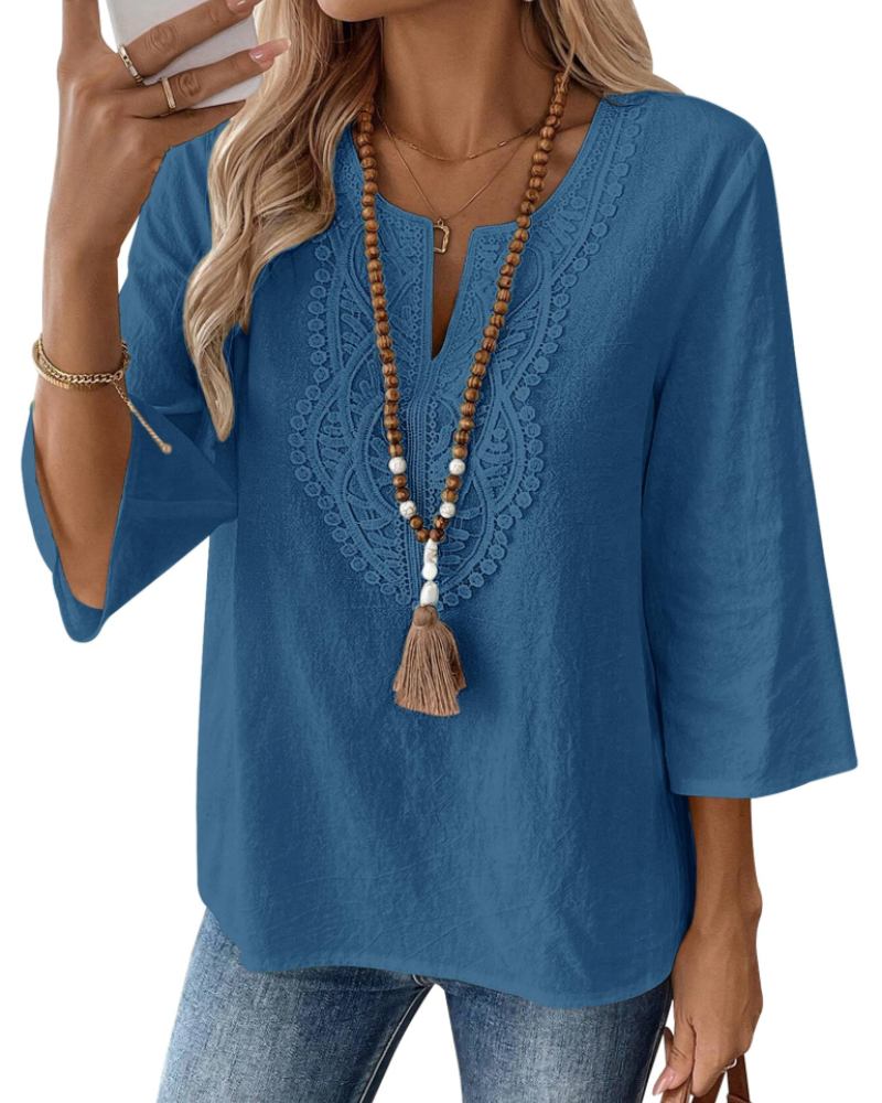 Blusa Bianca para mujer – Blusa de mezcla de lino con escote en V, encaje y mangas 3/4