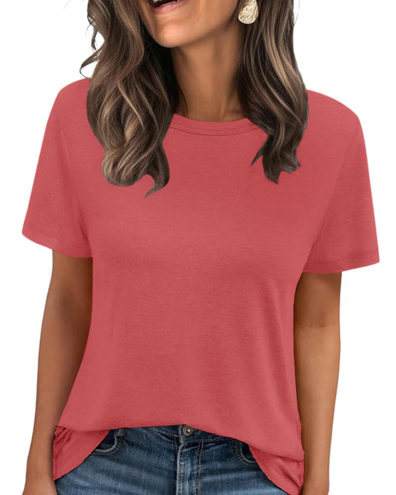 Camiseta Caroline para mujer – Top básico con cuello redondo, mangas cortas y tejido elástico