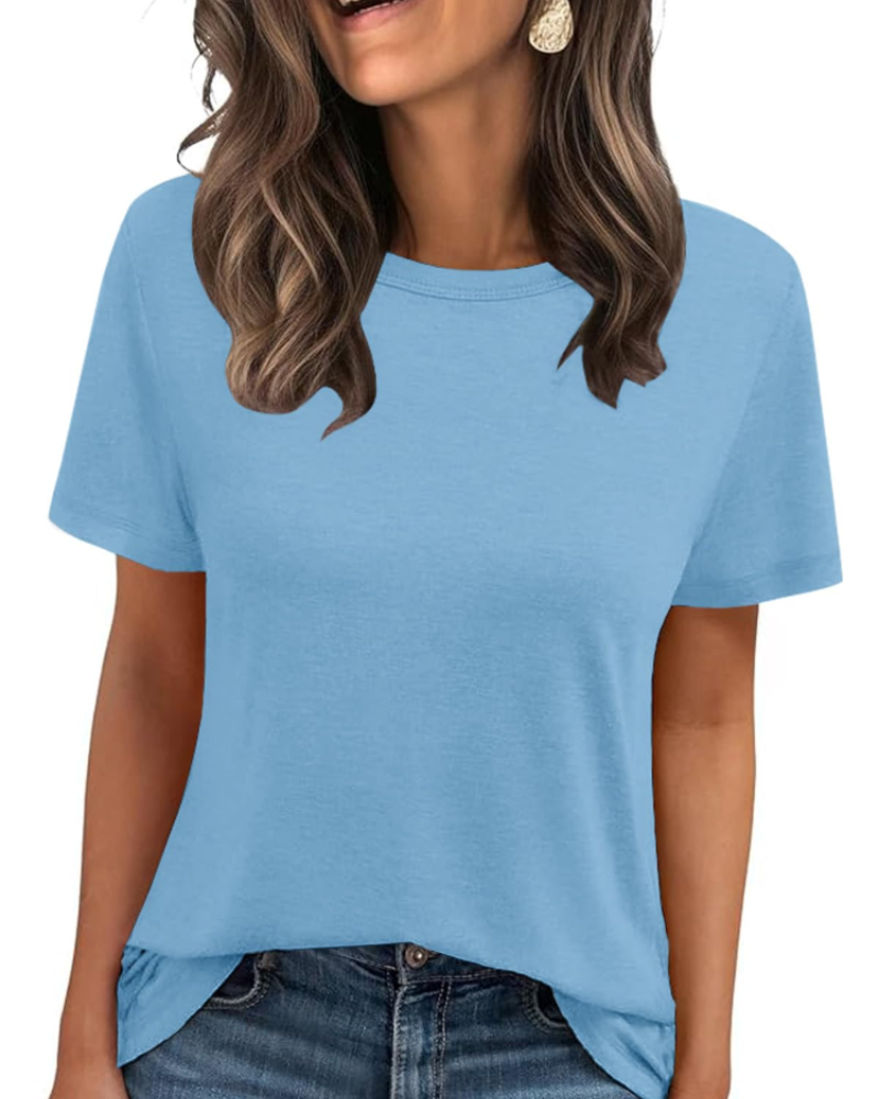 Camiseta Caroline para mujer – Top básico con cuello redondo, mangas cortas y tejido elástico