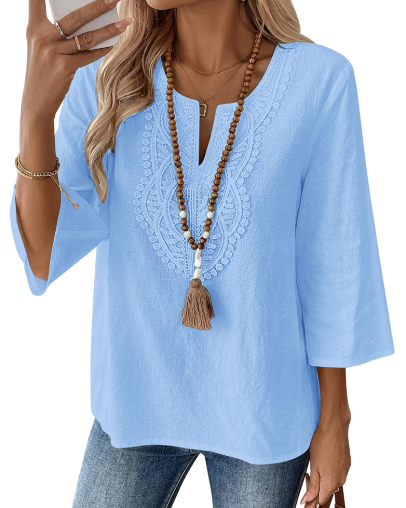 Blusa Bianca para mujer – Blusa de mezcla de lino con escote en V, encaje y mangas 3/4