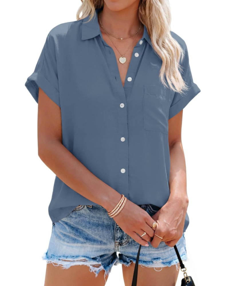 Felicity Chemisier Femme – Blouse avec Col en V, Boutons, Poche et Manches Courtes