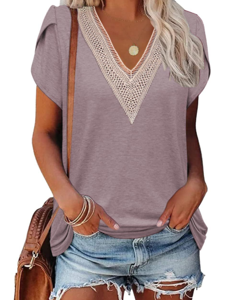 T-shirt Corinne pour femme – Haut avec col en V en dentelle et manches courtes à pétales