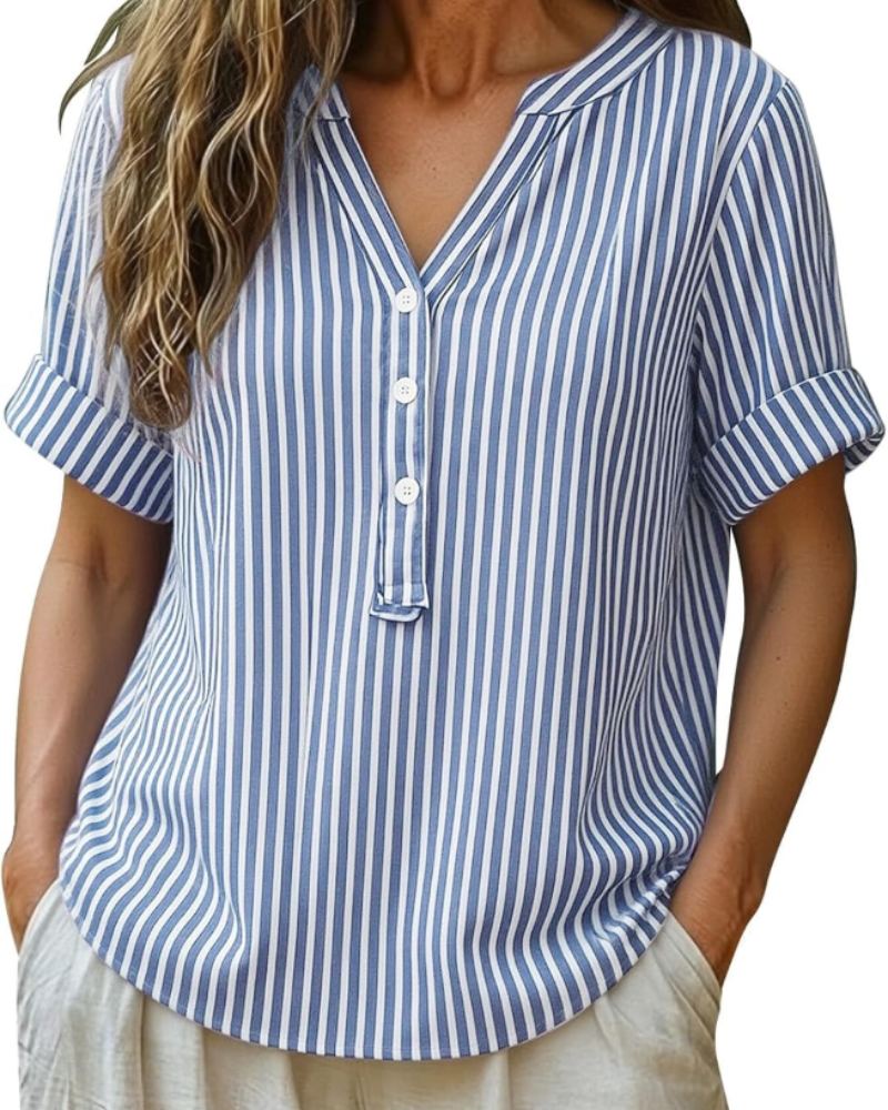 Lorelei Chemisier Femme – Blouse à Rayures avec Col en V, Boutons et Manches Courtes