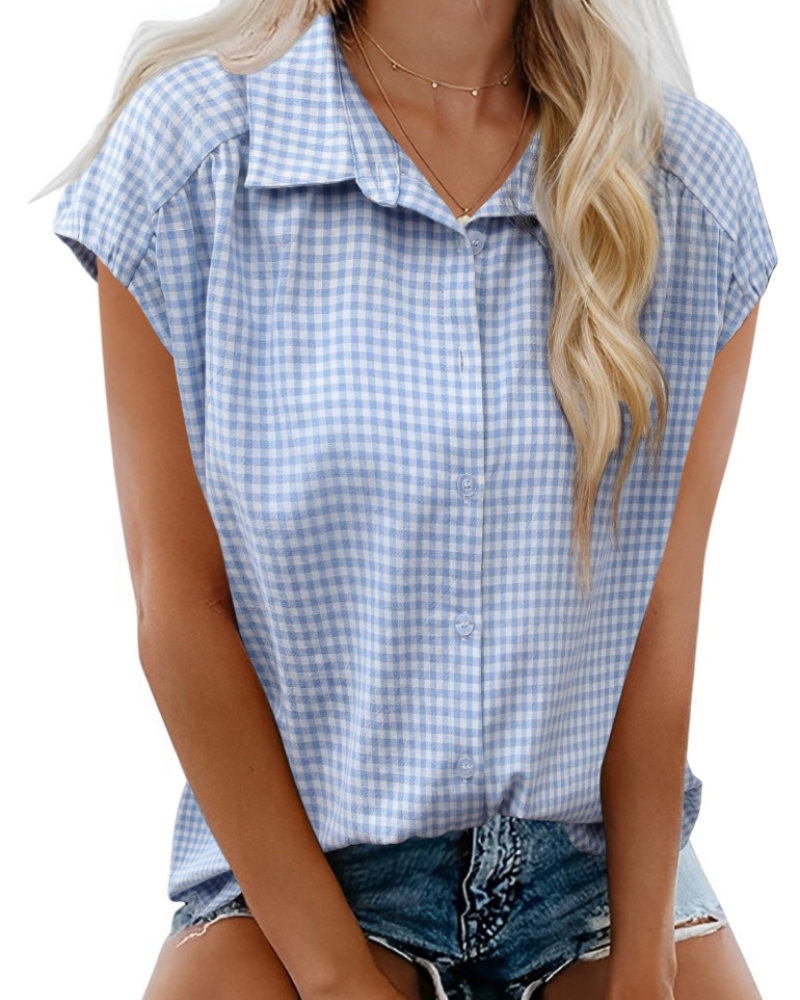 Elowen Chemisier Femme – Blouse en Coton avec Col en V, Boutons et Manches Courtes