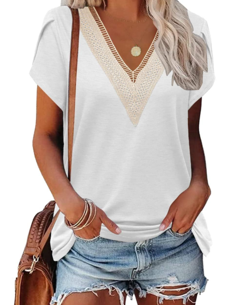 T-shirt Corinne pour femme – Haut avec col en V en dentelle et manches courtes à pétales