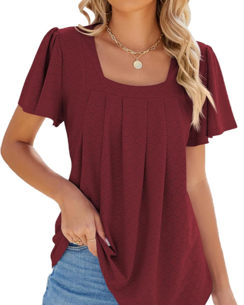Isolde Blouse Femme – Top ajouré avec col carré et manches volantées