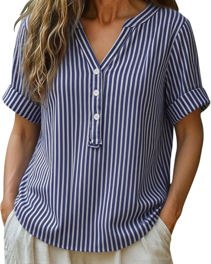 Lorelei Chemisier Femme – Blouse à Rayures avec Col en V, Boutons et Manches Courtes
