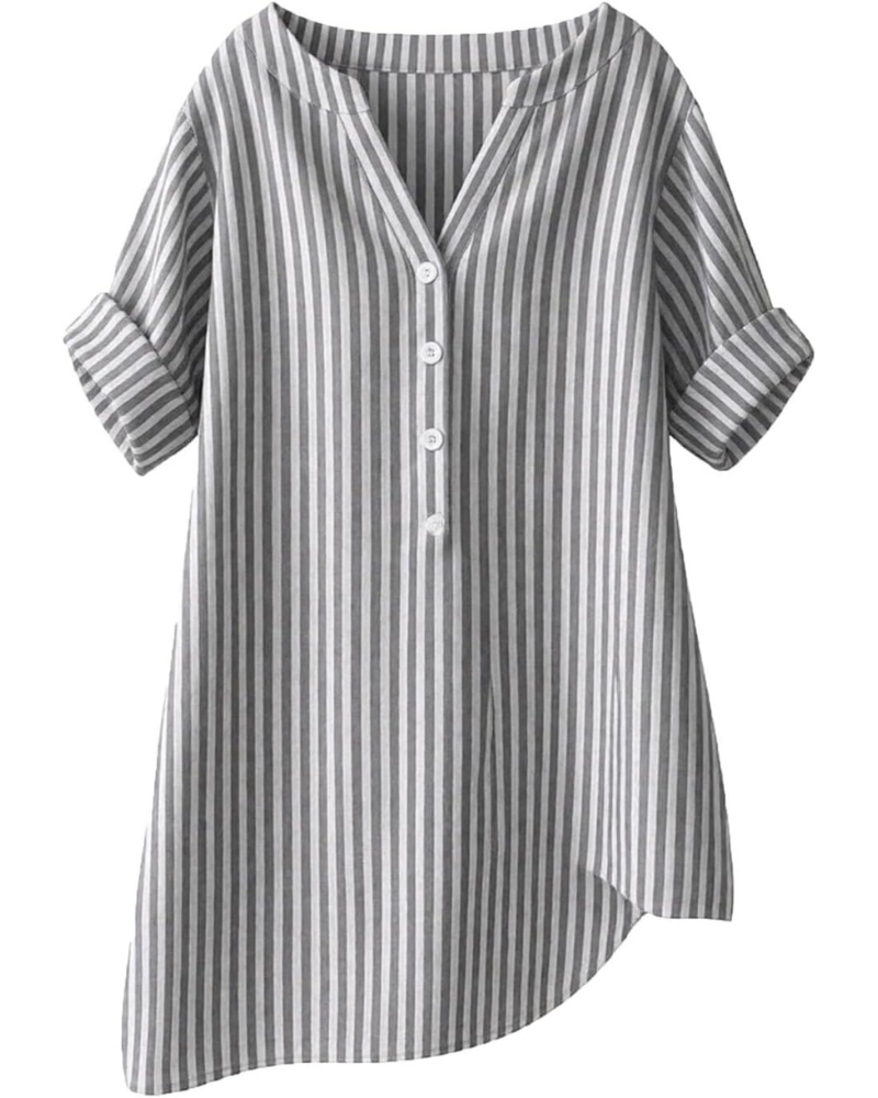 Lorelei Damebluse – Stribet bluse med V-hals, knapper og korte ærmer