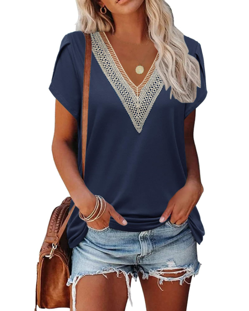 T-shirt Corinne pour femme – Haut avec col en V en dentelle et manches courtes à pétales