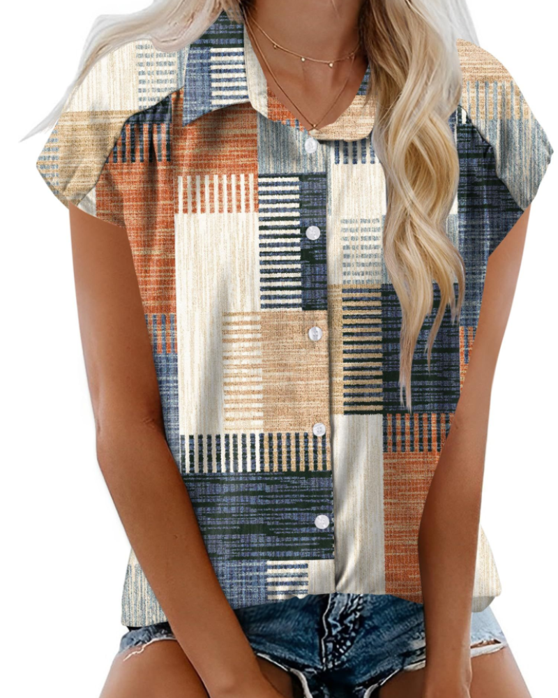 Elowen Chemisier Femme – Blouse en Coton avec Col en V, Boutons et Manches Courtes