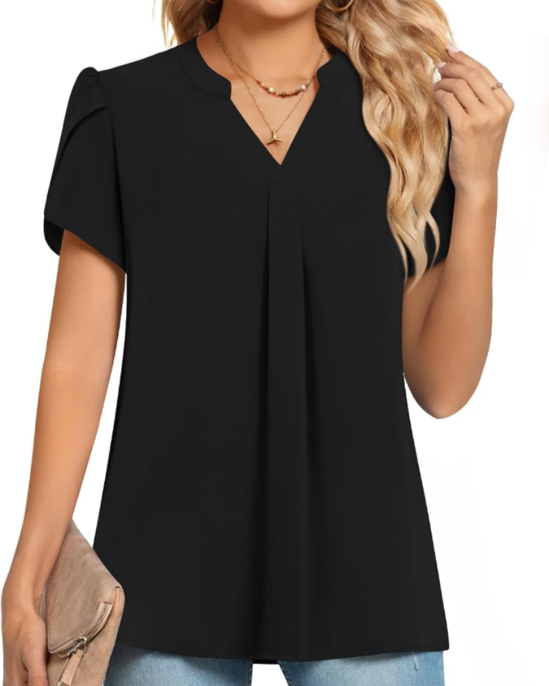 Blouse Clementine pour femme – Top en chiffon avec col en V et manches courtes à pétales