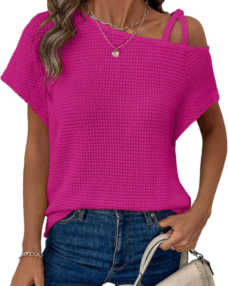 Brynn Blouse Femme – Top Monospalla en Maille Waffle avec Croisé et Manches Courtes