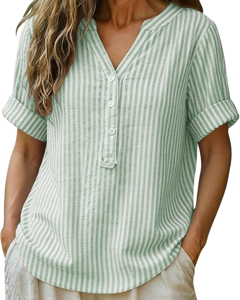 Lorelei Chemisier Femme – Blouse à Rayures avec Col en V, Boutons et Manches Courtes