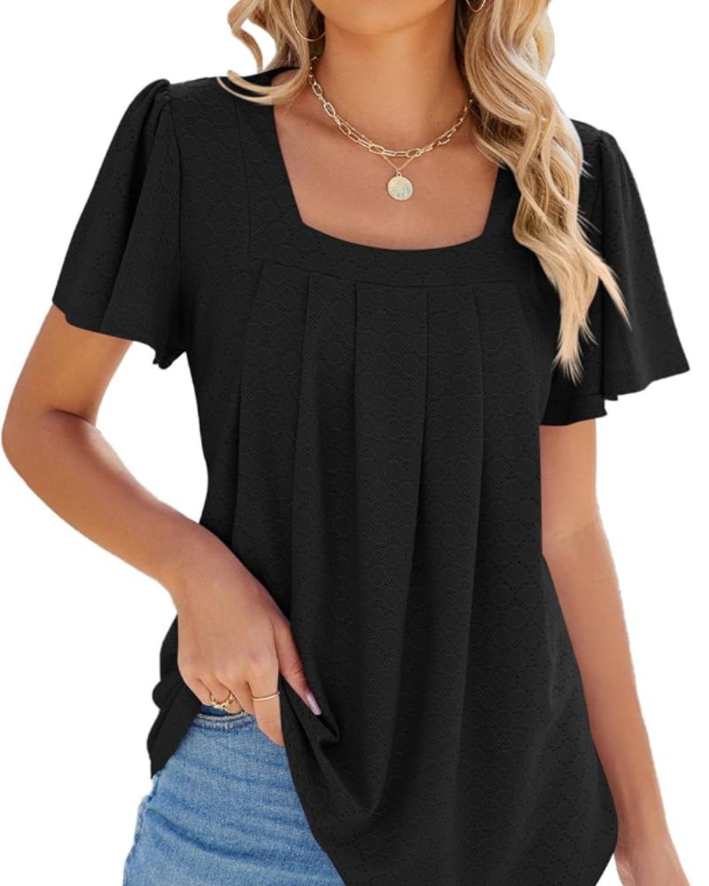 Isolde Blouse Femme – Top ajouré avec col carré et manches volantées