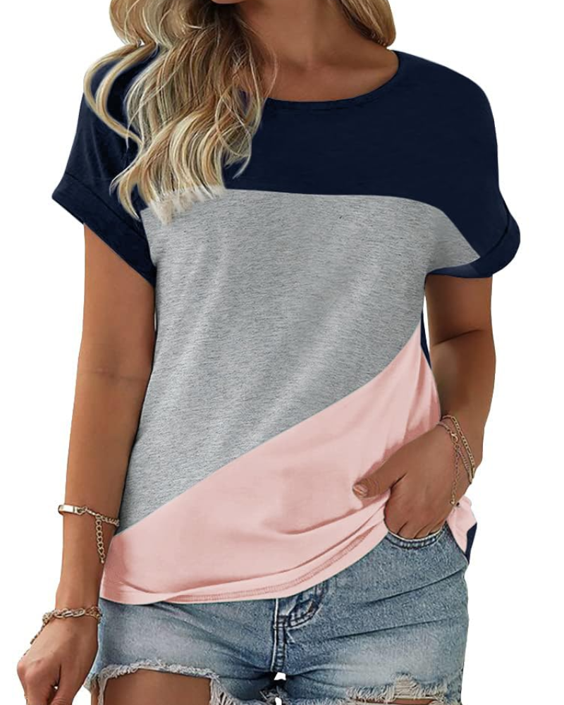 Camiseta Daphne para mujer – Top oversize con bloque de color, cuello redondo y mangas cortas