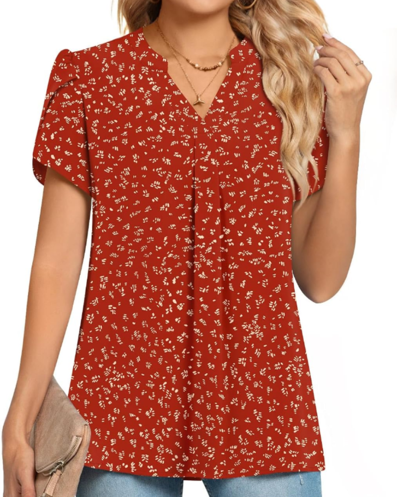 Blouse Clementine pour femme – Top en chiffon avec col en V et manches courtes à pétales