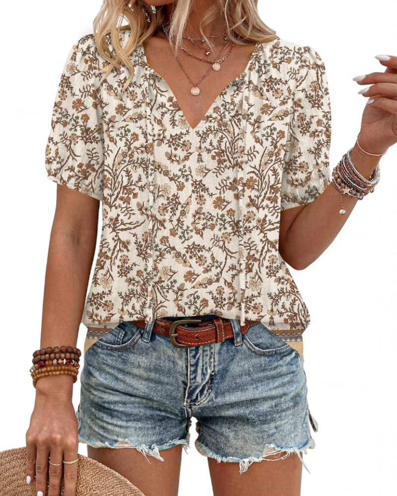 Winona Blouse Femme – Tunique Bohème avec Col en V, Lanières et Manches Bouffantes
