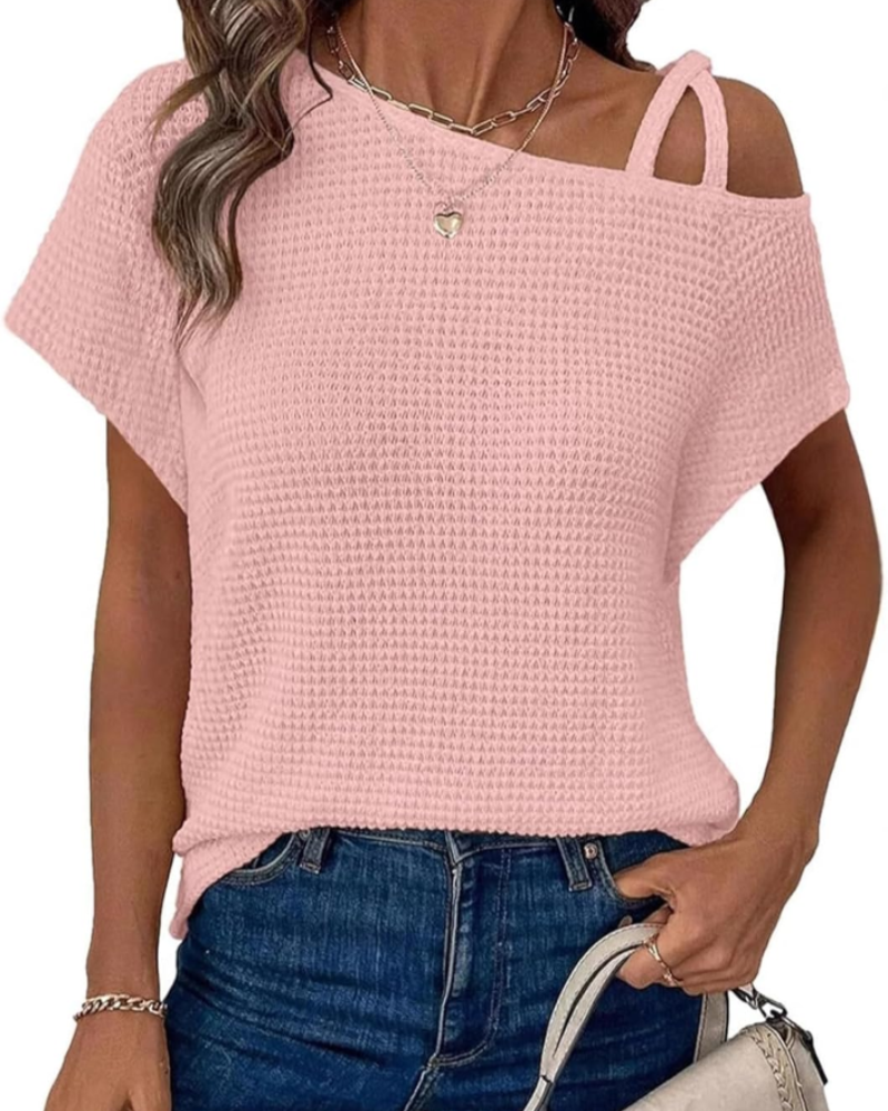 Brynn Blouse Femme – Top Monospalla en Maille Waffle avec Croisé et Manches Courtes