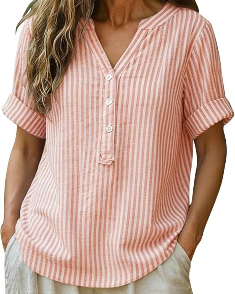 Lorelei Chemisier Femme – Blouse à Rayures avec Col en V, Boutons et Manches Courtes