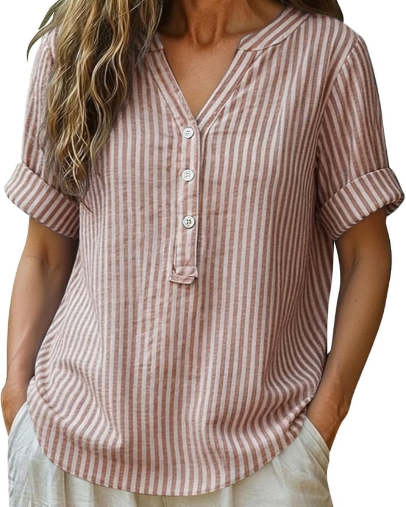 Lorelei Chemisier Femme – Blouse à Rayures avec Col en V, Boutons et Manches Courtes