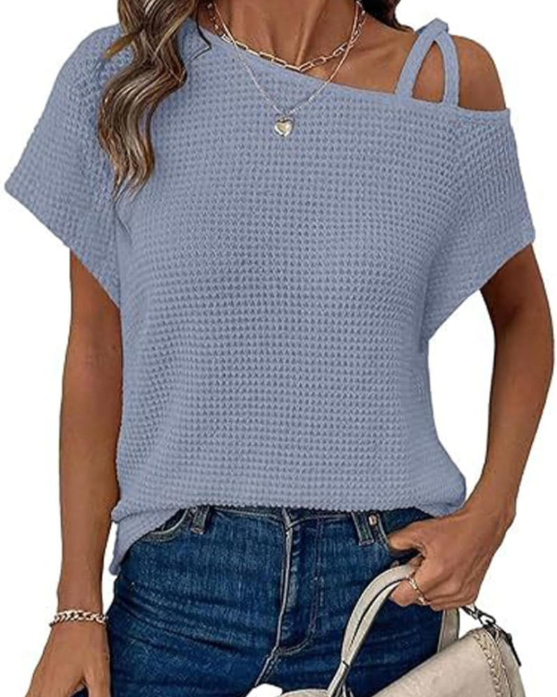 Brynn Blouse Femme – Top Monospalla en Maille Waffle avec Croisé et Manches Courtes